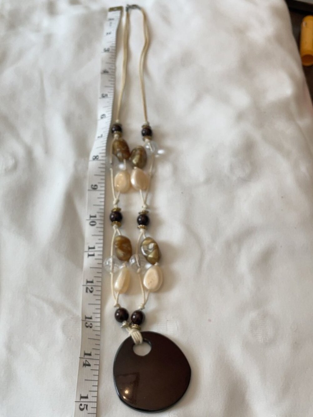 Brown Cream Mixed Bead Disc Pendant Cord Necklace | Boho Statement